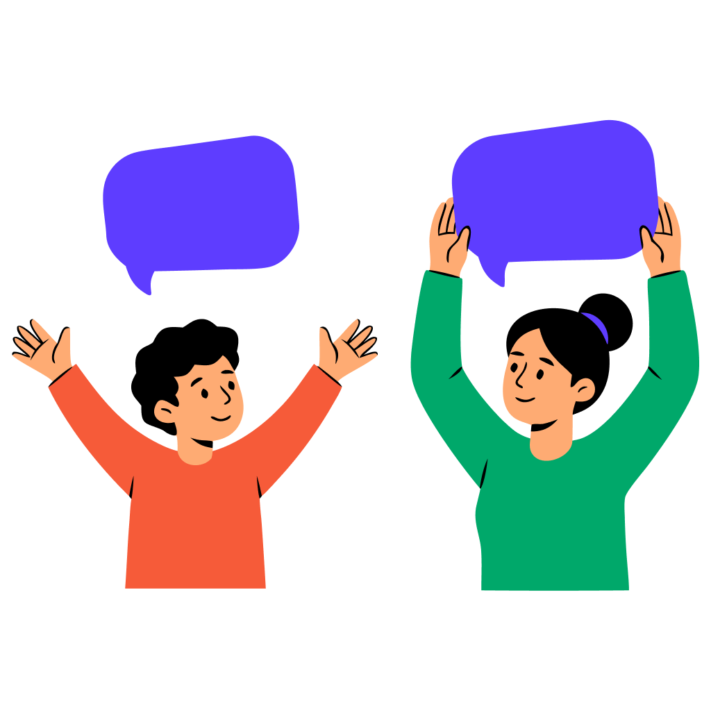 Two speech bubbles floating above a child and parent.